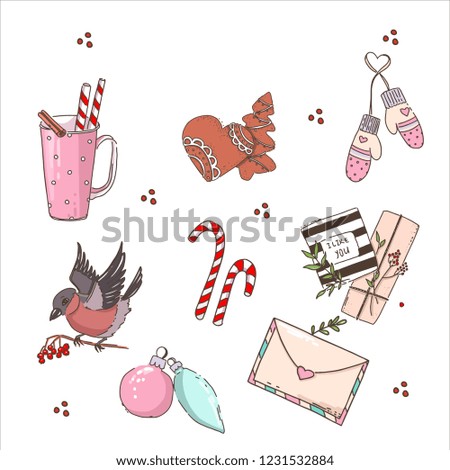 Merry Christmas stickers, mug, cocoa, gingerbread cookies, mittens, bird, candy, gift, Christmas toy, letter