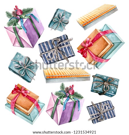 Set of watercolor colored decorated gift boxes on white background