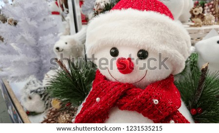 Beautiful snowman with a cute smile with a white red hat, and a red scarf
