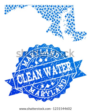 Map of Maryland State vector mosaic and clean water grunge stamp. Map of Maryland State composed with blue water raindrops. Seal with grunge rubber texture for clean drinking water.