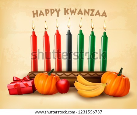 Happy Holiday Kwanzaa background with seven candles, gift box, pumpkins and old paper. Vector illustration 