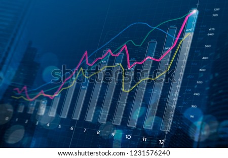 Business growth, progress or success concept. Financial bar chart and growing graphs with depth of field on dark blue background. Royalty-Free Stock Photo #1231576240