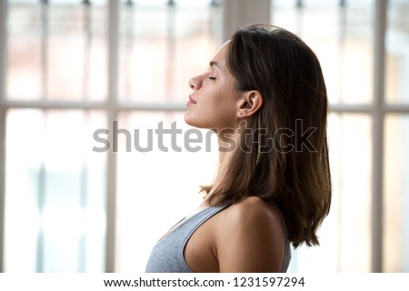 Profile attractive young woman standing with closed eyes near window dreaming breathing fresh air thinking feels calmness and appeasement. Side view female wearing sportswear ready for yoga classes Royalty-Free Stock Photo #1231597294