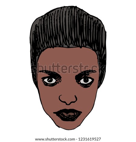 Isolated vector illustration. Stylized face of a beautiful African girl. Hand drawn linear doodle sketch. 
