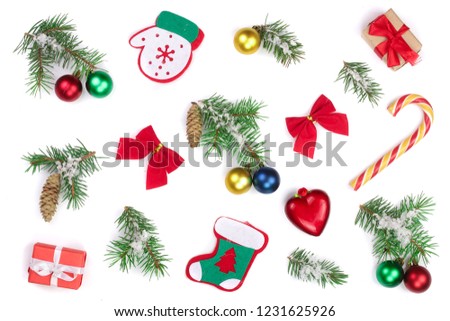 Christmas background with fir branches and decoration isolated on white background. Top view. Flat lay