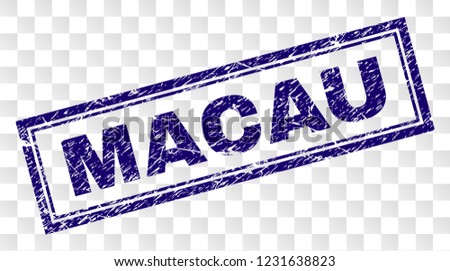 MACAU stamp seal print with scratched style and double framed rectangle shape. Stamp is placed on a transparent background. Blue vector rubber print of MACAU caption with dirty texture.