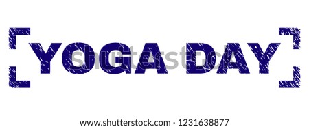 YOGA DAY text seal print with distress texture. Text label is placed inside corners. Blue vector rubber print of YOGA DAY with dust texture.
