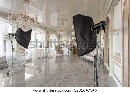Photo Studio interior. classic luxurious apartments with a white fireplace, sofa 