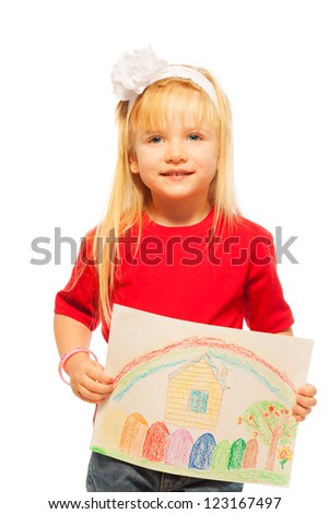 Cute little blond little girl showing her painted image with house