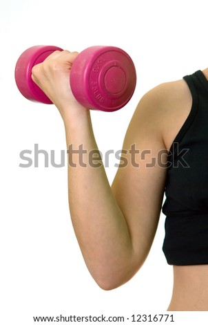 arm of a girl in black shirt with weight isolated on the white background