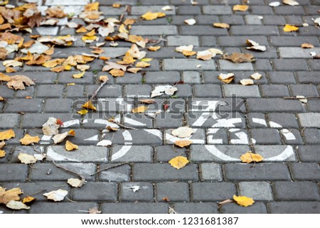 Bicycle symbol drawn on the sidewalk for a bicycle covered with yellow autumn leaves, closeup of a bicycle track designation.