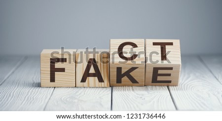 Wooden blocks with letters forming words "Fact" and "Fake" on neutral background Royalty-Free Stock Photo #1231736446