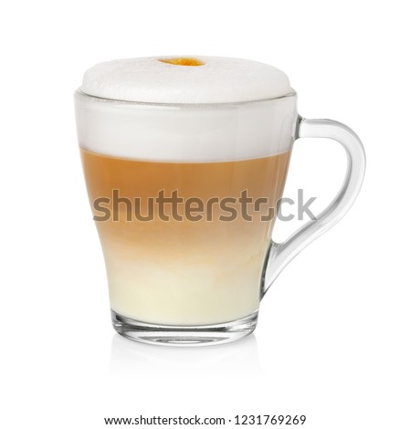 Transparent cup with cappuccino coffe and milk foam isolated on white background Royalty-Free Stock Photo #1231769269
