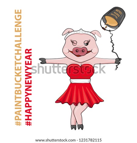 Vector Illustration of Pink Pig. New Year Character in Red Dress and Paint Bucket Challenge. Postcard for Winter Holidays