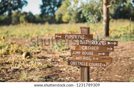 Pumpkin Patch Sign, wooden sign post, pumpkins, bathrooms, cashier, jump house, hay ride, obstacle course, arrow signpost