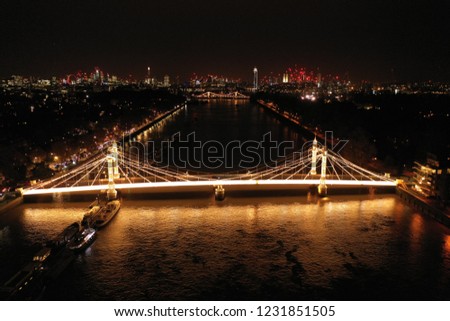 Albert's Bridge at night, Bird's mini island, aerial photo of London, park