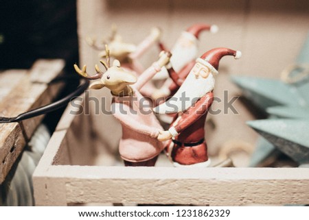 Christmas Funny Male Reindeer and Santa Claus Figures with Pullover holding Hands Miniature
