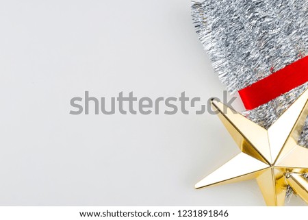 New Year 2019, Christmas Gold Star Silver Tinsel Decoration On White Background, For Empty space for design