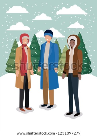 group of men in snowscape with winter clothes