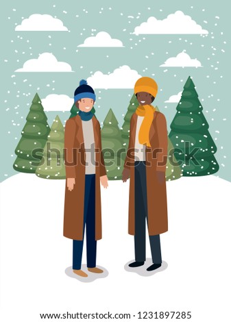 couple of men in snowscape with winter clothes