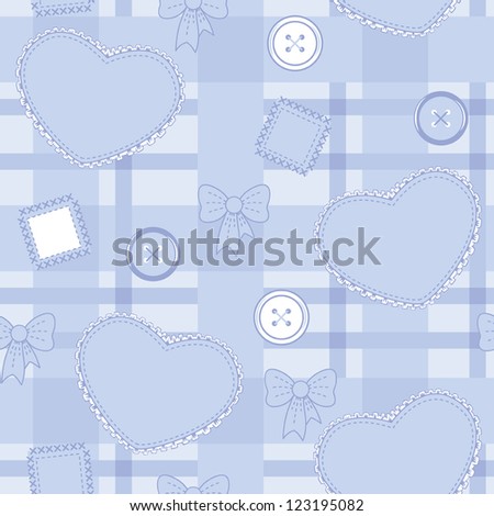 Seamless violet-blue pattern with hearts, buttons and patches on the checkered field