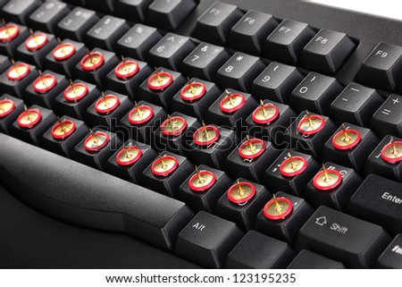 Painful typing, pins on keyboard close-up