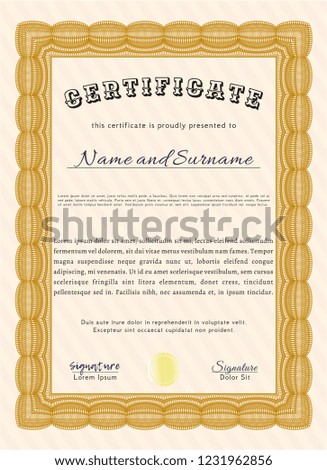 Orange Sample certificate or diploma. With guilloche pattern and background. Elegant design. Detailed. 