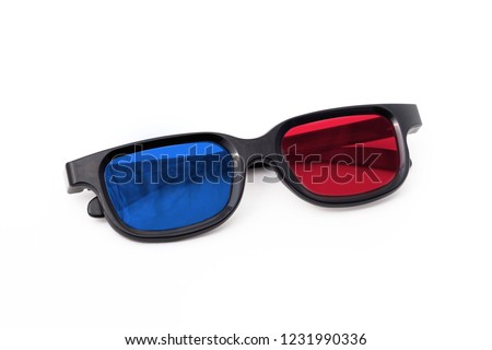  3d glasses isolated on white background, front view.  Cinema glasses frontally. glasses view from above.