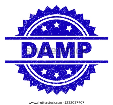 DAMP stamp seal watermark with distress style. Blue vector rubber print of DAMP title with dirty texture.
