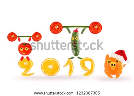 Creative food concept. Little funny vegetables with 2019. Happy New Year.  