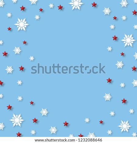 Christmas background with snowflakes and red star pattern, Christmas minimal concept.