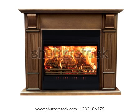 Classic brown burning fireplace isolated on white background.