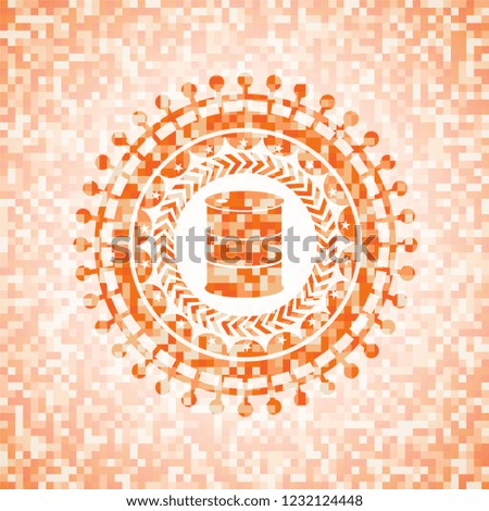 barrel icon inside abstract emblem, orange mosaic background