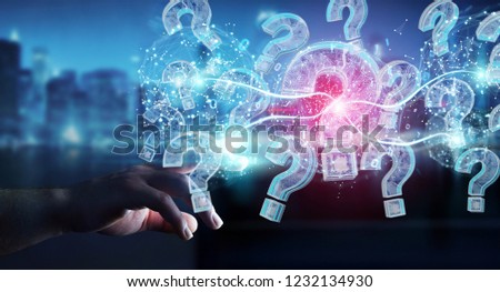 Businessman on blurred background solving problem with digital question marks 3D rendering