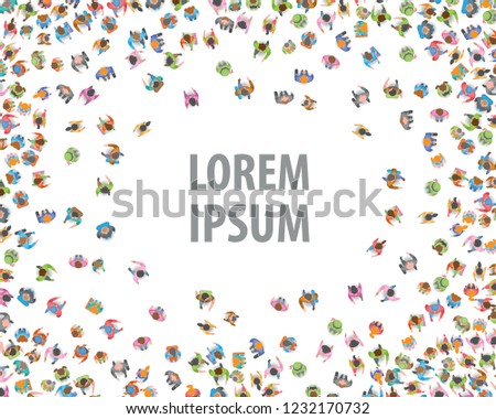 Vector illustration. People crowd in the shape of a round frame. Top view. Large group of people crowded on white background. View from above.