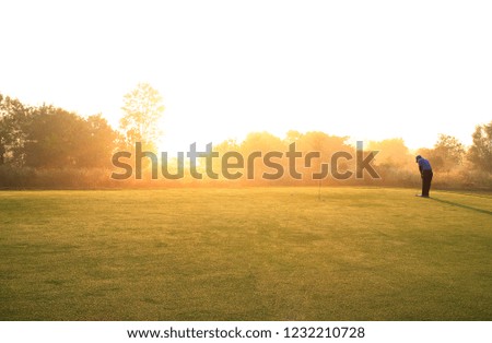 Golfer putting golf ball on the green , morning time 