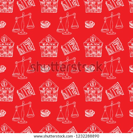 Color seamless pattern with scales, bank building and coins.  Fine for stationary, prints, wallpaper, financial coaching sites backgrounds.