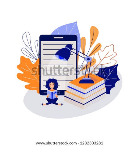 Education concept with young female student sitting cross-legged on floor and reading book surrounded by big school supplies isolated on white background. Flat illustration of study process.
