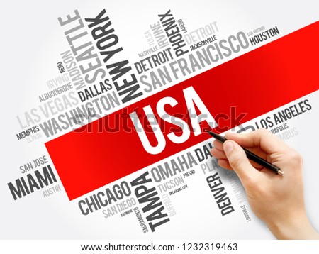 USA cities names words cloud collage, concept background