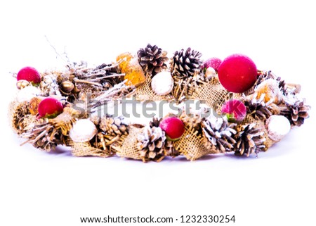 New Year or Christmas decorations isolated on a white background, bokeh effect. Celebration, greeting card, christmas tree concept. Selective focus, copy space. Studio shot