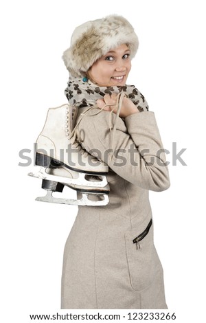 young woman with ice skates, isolated on white background