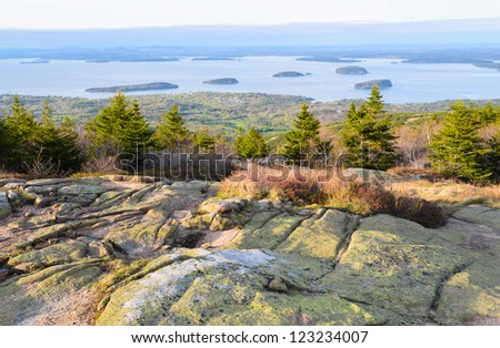 Bar Harbor and the Porcupine Islands from Cadillac Mountain in Acadia National Park in Maine