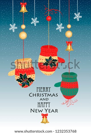 Christmas illustration with knitted mittens