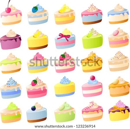 Vector illustration of various colorful cakes slices.