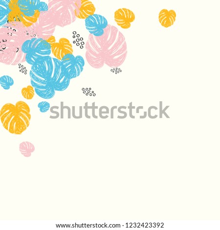 Tropical background with monstera leaves in pastel colors. Blue, pink and yellow leaves.