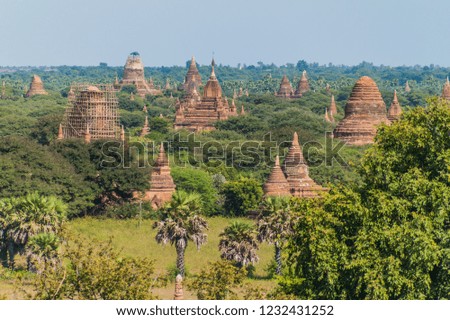 Skyline of Bagan temples, Myanmar.  One of the temples is under scaffolding, being restored after the 2016 earthquake.