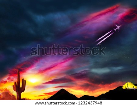 Sunset camping around magical Arizona ambiance with the flying plane 