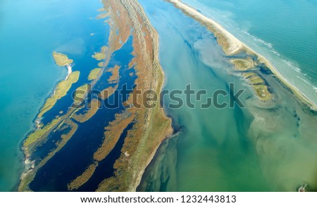 aerial view of Sacalin Island, newly formed in the Black Sea near Sfantu Gheorghe, Romania