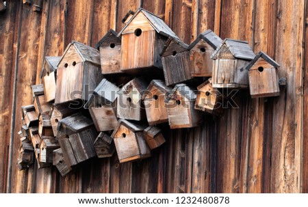 Several wooden bird boxes or birdhouses on a wooden wall Royalty-Free Stock Photo #1232480878