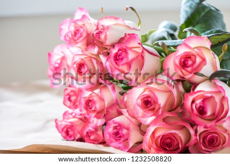 Large romantic bouquet of flowers. Delicate pink roses. Love theme. Celebration. Wedding